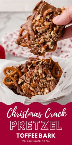 Christmas Crack with Pretzels - AKA Pretzel Toffee Bark - Feels Like Home™ Pretzel Toffee Bark, Christmas Bark Recipes, Christmas Candy Easy, Toffee Bark, Easy Christmas Candy Recipes, Pretzel Toffee, Toffee Recipe, Christmas Baking Recipes, Christmas Candy Recipes