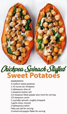 two sweet potatoes with chickpeas and spinach sprinkled on top