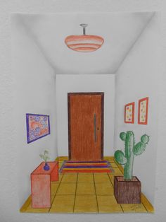 a drawing of a hallway with potted cacti and paintings on the wall