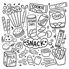 a black and white drawing of snacks