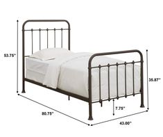 the measurements for a metal bed frame and headboard are shown in this image,