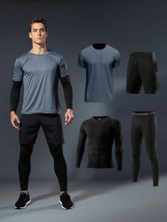 4pcs/Set Sports Outfit For Men, Including Dry-Fit Shirt, Compression Shorts, Running Shorts, Basketball Shorts Gym Clothes Men, Athletic Suit, Tracksuit Men Two Pieces Outfits Grey     Letter Tights Medium Stretch  Men Activewear, size features are:Bust: ,Length: ,Sleeve Length: Gym Outfit Men Winter, Gym Mens Outfits, Work Out Clothes Men, Men Sport Style Outfits, Running Clothes Men, Mens Running Outfit, Sport Clothes Men