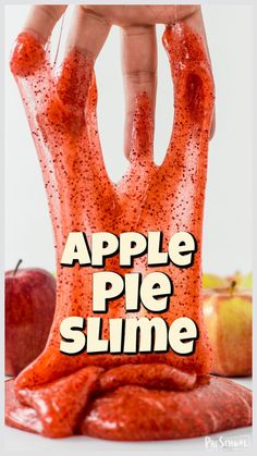 an advertisement for apple pie slime, with the image of hands sticking out of it