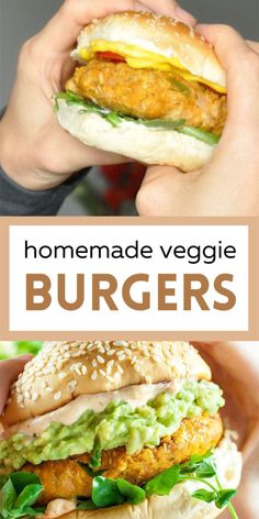 a person holding a sandwich in their hands with the words homemade veggie burgers on it