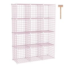 the pink wire shelving unit has four shelves