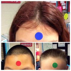 three pictures of the same person with different colored dots on their foreheads and hair