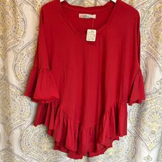 Beautiful 100% Cotton Ruffled Sleeves And Ruffled Bottom Of Blouse High Low Style New With Tag Ruffled Tops For Beach, Ruffled Tops For Vacation, Vacation Ruffle Red Blouse, Red Ruffled Blouse For Vacation, Casual Blouse With Ruffle Hem For Vacation, Red Ruffle Sleeve Top For Summer, Red Ruffle Sleeve Tops For Spring, Red Ruffle Sleeve Summer Tops, Red Ruffle Tops For Brunch