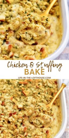 chicken and stuffing bake in a white casserole dish