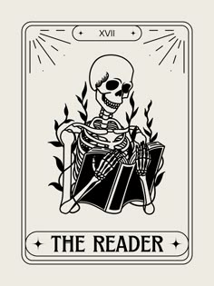 a skeleton sitting on top of a book with the words, the reader written below it