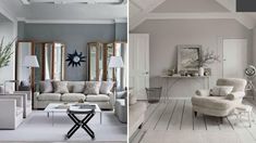 two different rooms with white furniture and gray walls