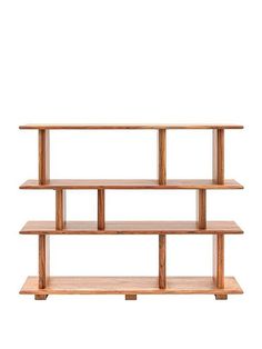 a wooden shelf with three shelves on each side