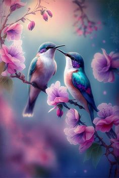 two birds sitting on a branch with pink flowers