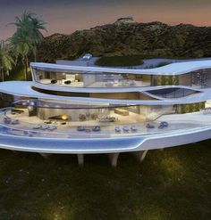 an artist's rendering of a futuristic house on top of a hill at night