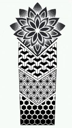 a black and white drawing of a vase with a flower in it's center