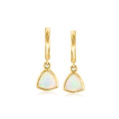 Ross-Simons - Triangular Opal Drop Earrings in 14kt Yellow Gold. Very chic, very demure. Our shimmery drop earrings feature 5mm triangular opals showing off their sparkly vanilla sheen with every move. Crafted in polished 14kt yellow gold. Length is 5/8". Hinged post, opal drop earrings. Opal birthstones are the perfect gift for October birthdays. October Birthdays, Opal Drop Earrings, Opal Birthstone, October Birthday, Vanilla, Opal, Jewelry Earrings, Fine Jewelry, Yellow Gold