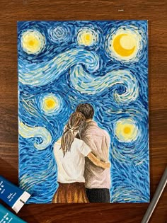 two people hugging in front of a starry night painting