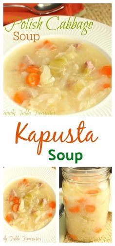 the recipe for kapusta soup is shown in three different pictures