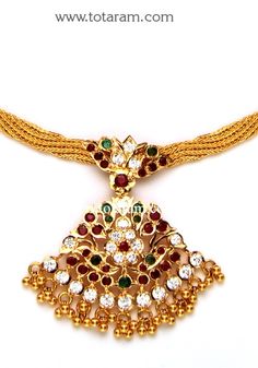 22 Karat Gold Addiga Necklace with Rubies,Emerald & Cz. <br>   - 235-GN514 - in 25.550 Grams for USD $1976.04.  Made in India by Totaram Jewelers Online this product is in Gold - 22 Karat BIS Hallmark 916 KDM Gold  & is an excellent gift for Adult - Women. Ships fully insured with secured guaranteed delivery for free with your order over $250 from New Jersey USA & comes with 30 days exchange policy. 22k Gold Necklace Addiga, Luxury 22k Gold Emerald Necklace Temple Style, Indian Gold Jewelry, 22k Gold Jewelry, Gold Jewelry Stores, Indian Jewellery Design, India Jewelry, Gold Jewelry Indian, Uncut Diamond