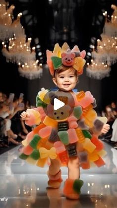 a child in a costume made out of gummy bears on the runway at a fashion show