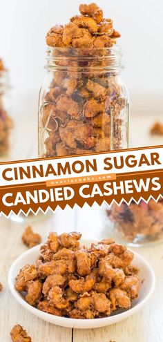 Cinnamon Sugar Candied Cashews, football party food ideas, finger food, game day, snack ideas, christmas, holidays Coconut Cashews, Cashew Recipes, Crunch Bars, Snack Mixes, Averie Cooks, Christmas Recipes Easy, Holiday Dishes, Snack Mix Recipes