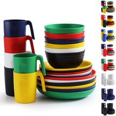 a stack of different colored cups and bowls