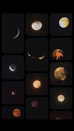 nine different phases of the moon in various positions and sizes, all showing their bright colors