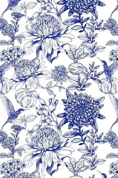 a blue and white floral wallpaper with birds, flowers, and leaves on it