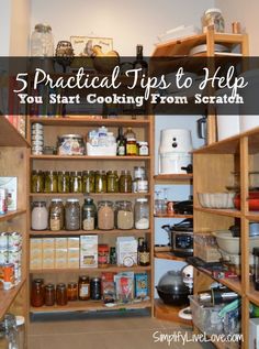 an open pantry filled with lots of food and cooking utensils, including jars