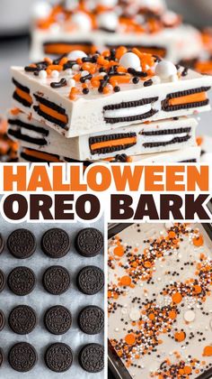 halloween oreo bark cake with orange and black sprinkles on top, cookies in the bottom