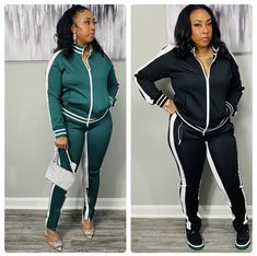 Spice up your wardrobe with our Next Level Track Set!  Available in Black and Green Available in Sizes Small - XL  Model is wearing a Medium in both colors TRUE TO SIZE **Our Model is a Medium in tops and a 10/12 in Jeans Womens Suits, Track Suit, Spice Up, Next Level, Blazer Suit, Suits For Women, Spice Things Up, Beauty Book, Art Collection