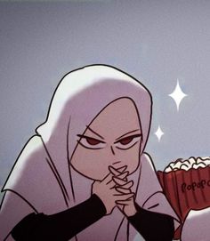 an animated image of a woman holding popcorn