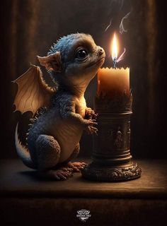 a small animal sitting next to a lit candle