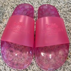 Coach Pink Slides . Size 38.5 Worn 1 Time . Look Brand New . Tags Still On Bottom Of Shoe . Authentic ! Pink Slides, Coach Shoes, Cute Shoes, Women's Shoes Sandals, Shoes Sandals, Slides, Super Cute, Women Shoes, Brand New