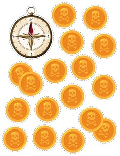 a set of pirate coins with a compass and skull on the front, surrounded by smaller ones