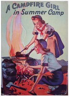 an advertisement for campfire girl in summer camp with two girls cooking over a campfire