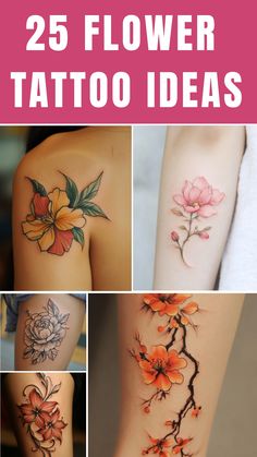 25 colorful and artistic flower tattoo ideas displayed on various parts of the body. Colorful Lotus Flower Tattoo, Blooming Flower Tattoo, Daisy Chain Tattoo, Jasmine Tattoo, Realistic Flower Tattoo, Floral Mandala Tattoo, Romantic Tattoo, Magnolia Tattoo, Flower Tattoo Ideas