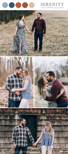 a couple holding hands while standing next to each other in front of an old barn