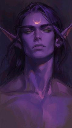 a digital painting of a woman with horns on her head and eyes, in purple