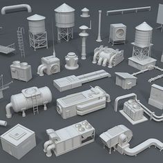 a bunch of different types of pipes and piping equipment on a gray background,