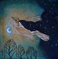 a painting of an owl flying in the night sky