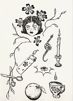 an ink drawing of a girl surrounded by various objects