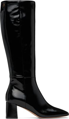 Handcrafted mid-calf patent nappa calfskin boots in black. · Square toe · Zip closure at inner side · Logo hardware at outer side · Covered block heel with rubber injection · Leather sole · Heel: H2.5 Supplier color: Nuit black Womens Square Toe Boots, Black Patent Boots, Heel Boots For Women, Patent Boots, Black Boots Tall, Square Toe Boots, Block Heel Boots, Black Square, Tall Boots