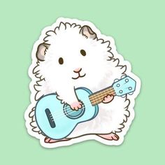 a white hamster with a blue guitar sticker on it's back, playing the ukulele