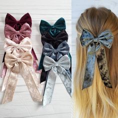 Velvet hair bows with 6" tails. Comes in 8 colors. Size of bow is 4x7.5 inches *Size of each items may very a bit do to them being a handmade item.   *Dear customer, we at Mila's Boutique try our best to give you the most accurate representation of our crrations. However, no matter how hard we try, it is difficult to capture the bows exactly. There are factors that can change the color of the bow once pictured. The camera can't capture the color exactly as how it is in person, as well as the fac Velvet Hair Bows, Velvet Hair Bow, Les Arcs, Velvet Hair, Long Tail, Bow Clips, Velvet Ribbon, Barrettes, Hair Bow