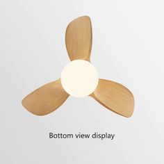 the bottom view of a ceiling fan with two wooden blades on it, and an inscription below that reads bottom view display