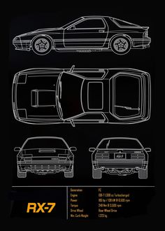 the back and side view of a car with its hood down, in blueprint