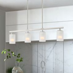 a kitchen light with three lights hanging from it's ceiling and a potted plant on the counter