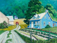 a painting of a blue house with a red car driving down the road in front of it