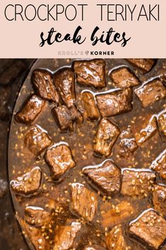 crockpot teriyaki steak bites in a cast iron skillet with text overlay