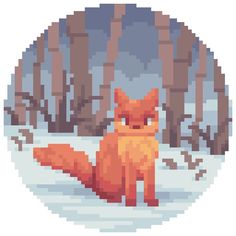 a pixellated image of a fox sitting in the snow with trees behind it,